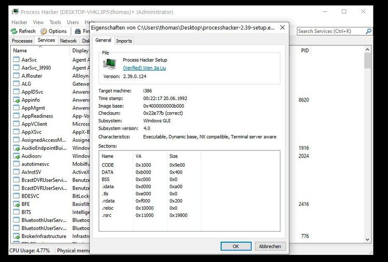 Mit Process Hacker lassen sich auch ausführbare Dateien testen und deren Daten überprüfen. (Joos)