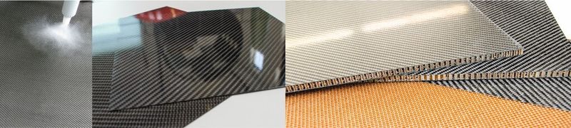 Applikation von A.S.SET-POWDER mittels Pulversprühtechnik (links); mittels RPM hergestellteCFK-Verbunde (Mitte) und Sandwichstrukturen (rechts). (Bild: LZS)