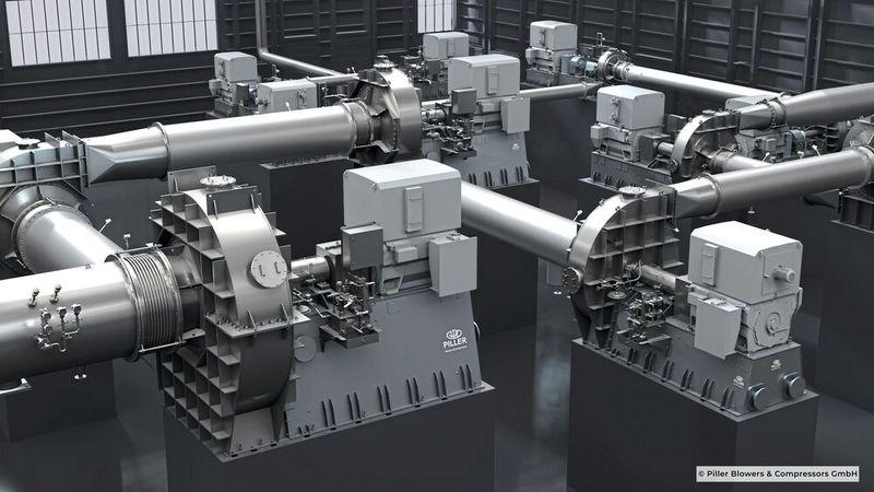Exemplarische Darstellung einer 11-stufigen Verdichteranlage von Piller: Sechs VapoFlex-Maschinen (Zug 1) und fünf weitere VapoFlex (Zug 2). (Bild: Piller Blowers & Compressors)