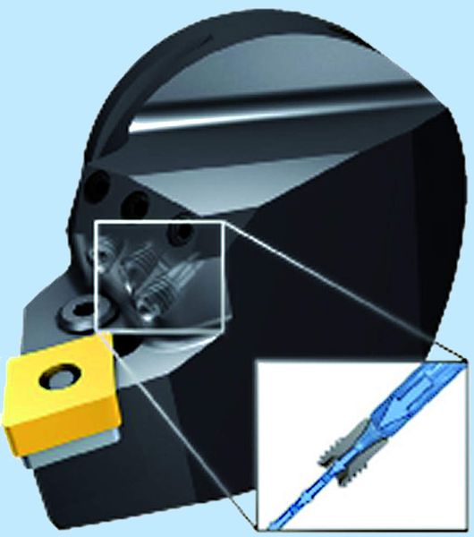 Bild 1: Das Hochdruck-Kühlmittelsystem ermöglicht eine genaue Ausrichtung des Strahls zwischen Schneidkante und Span. (Archiv: Vogel Business Media)