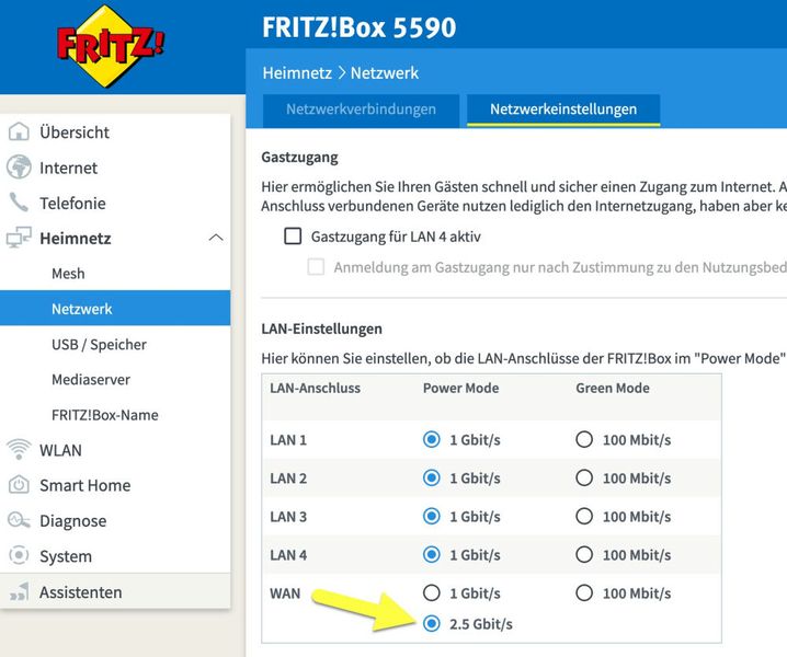 AVM Fritzbox 5590 Fiber – LAN-WAN-Port im Power-Mode. (Bild: Harald Karcher)