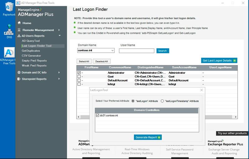 Mit dem Last Logon Finder lassen sich die Anmeldezeiten von Anwendern in Active Directory sowie der verwendete Domänencontroller herausfinden.  (Bild: MicroNova / Joos)