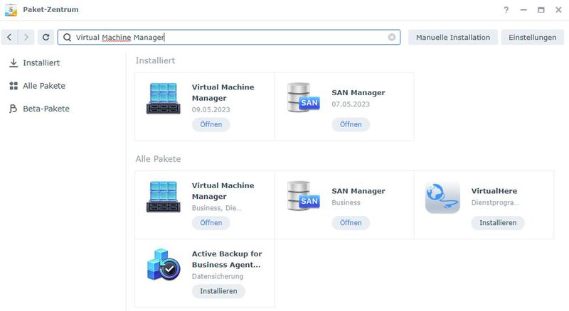 Synology Virtual Machine Manager im Paketzentrum installieren. (Bild: Joos - Synology)