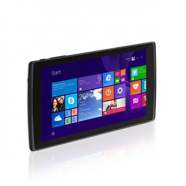 Das SurfTab wintron 8.0 ist ein 328 Gramm leichtes 8-Zoll-Tablet, dessen Display mit WXGA (1.200 x 800 Pixel) auflöst. Angetrieben wird es von einem Intel-Atom-Quad-Core-Prozessor mit 1 GB Arbeitsspeicher. Ein 16 GB Speicher, jeweils eine Kamera auf der Vorder- und Rückseite sowie ein Speicherkartenleser runden das Gesamtpacket ab. (Bild: Trekstore)