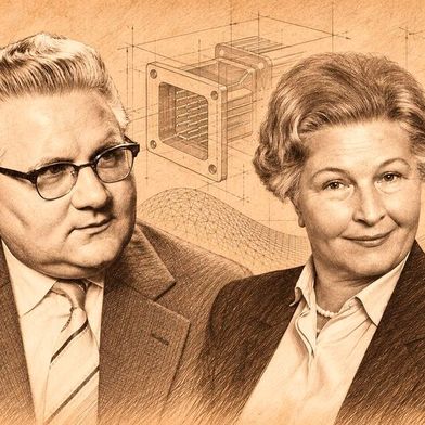 Unternehmensgeschichte: Wilhelm und Marie Harting gründeten 1945 in Minden die „Wilhelm Harting Mechanischen Werkstätten“. Aus dem kleinen Betrieb entwickelte sich ein weltweit führender Anbieter industrieller Verbindungstechnik. Die Illustration ist von historischen Porträts der beiden Gründer inspiriert. (Bild: Dall-E / KI-generiert)