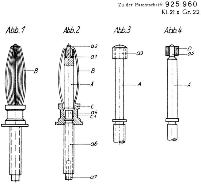 Bild 1:  Konstruktionszeichnung des Drahtfederkontaktes (Einzelkontakt Drahtfeder) aus dem Patent von 1938 von Otto Dunkel. (ODU)