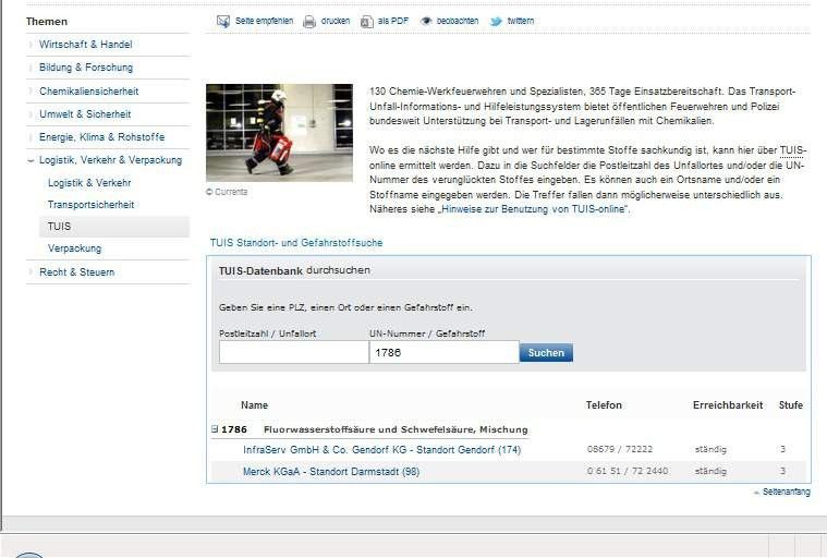 . The database can be searched for a hazardous good's UN number.. (Picture: PROCESS/Screenshot of: www.tuis.org)