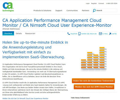 CA Application Performance Management Cloud Monitor von CA Deutschland GmbHCA APM Cloud Monitor stellt Lösungen bereit, mit denen sich Ausfallzeiten reduzieren und sämtliche Leistungsstufen überwachen lassen. ()