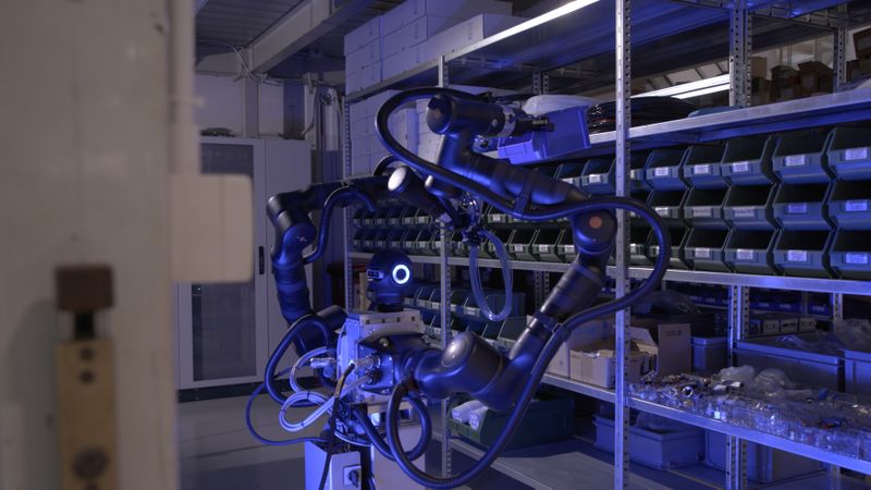 ier greift der humanoide Roboter von Bosch Rexroth das entsprechende entsprechendes Bauteil im Regal. (Bild: Bosch Rexroth AG)