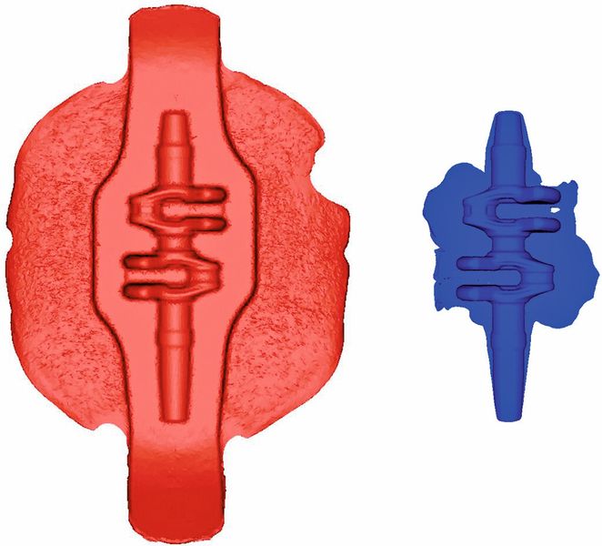 Significantly lower burr percentage: a crankshaft forged with the multidirectional process (right), compared with a conventionally forged part (left). (IPH)