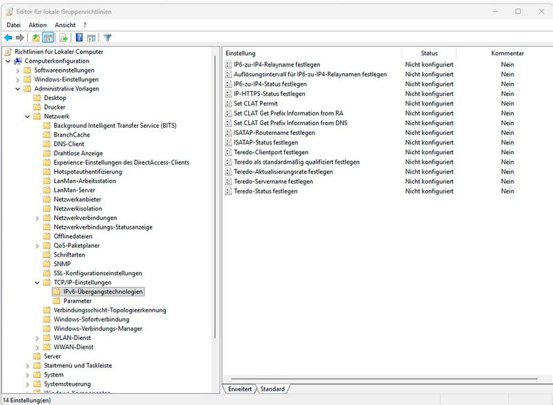 Gruppenrichtlinien-Editor mit Fokus auf IPv6-Übergangstechnologien verdeutlicht die zentrale Steuerung von 6to4, ISATAP und Teredo über administrative Vorlagen. (Bild: Joos | Microsoft)