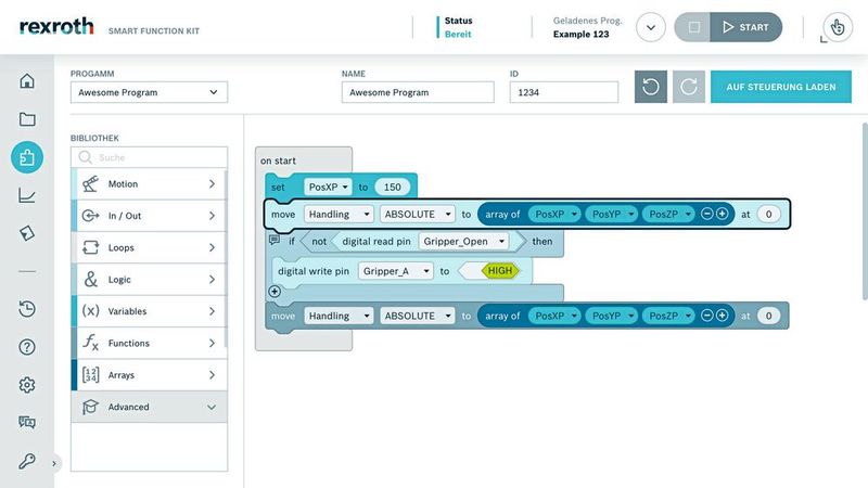 Visuelles Programmieren: Über das intuitive Web-HMI lassen sich die einzelnen Prozessschritte grafisch mithilfe einer Bausteinbibliothek auswählen und sequenzieren. (Bild: Bosch Rexroth)