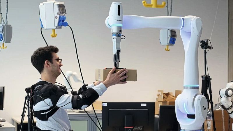 Forscher Federico Masiero nimmt ein Päckchen entgegen, dessen Gewicht der Roboter vorher bereits an das Exoskelett übermittelt hat. (Bild: Andreas Schmitz / TUM)
