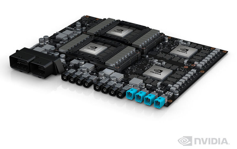 Die zugehörige Technik heißt etwa „Robotaxi Drive PX“ (siehe: Abbildung). Die Leitungsdaten für den Inference-Rechener: 320 TOPS CUDA Tensor Core, 16 x GMSL, 4 x 10 Gigabyte, 8x 1 Gigabyte, 16 x 10 Gigabyte, Auto-grade, ASIL D und Strombedarf: 500 Watt.  (Nvidia)