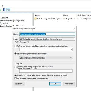 Auswählen der Optionen in ADSI-Edit für den Verbindungsaufbau mit Active Directory.(Bild:  Joos / Microsoft)