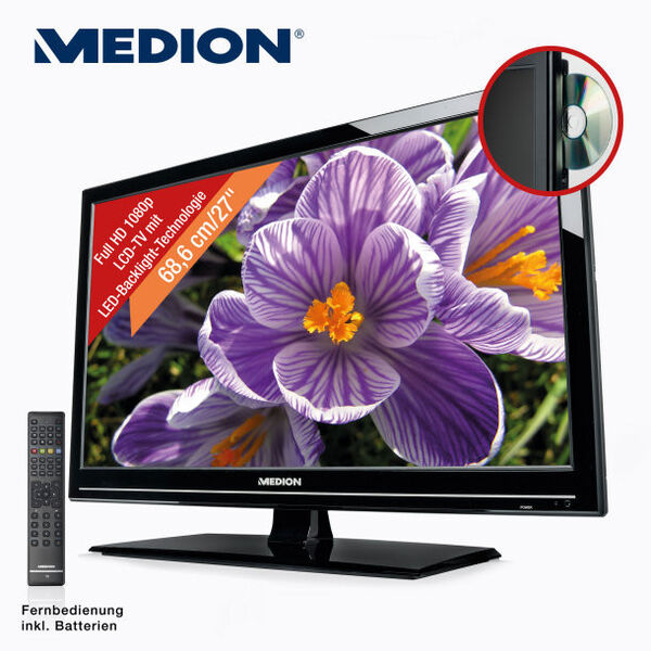 Der LED-Backlight-TV Medion Life P15114 hat einen integrierten DVD-Player, einen HD-Triple-Tuner, vier HDMI-Eingänge, einen USB-Anschluss und kostet inklusive Standfuß, Antennenkabel, YUV- und AV-Adapter sowie drei Jahren Hersteller-Garantie 299 Euro. (Bild: Aldi Nord)