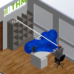 Mit Baumwollmaske dagegen breitet sich die Wolke nur 1,5 Meter weit aus. Auch die Ausbreitungsgeschwindigkeit wird reduziert, was dazu führt, dass die Partikel schnell absinken. Die Forscher werten die Baumwollmaske deshalb als wirksamen Schutz im Büro, solange man die üblichen Abstandsregeln einhält.  (Bild:  THM)