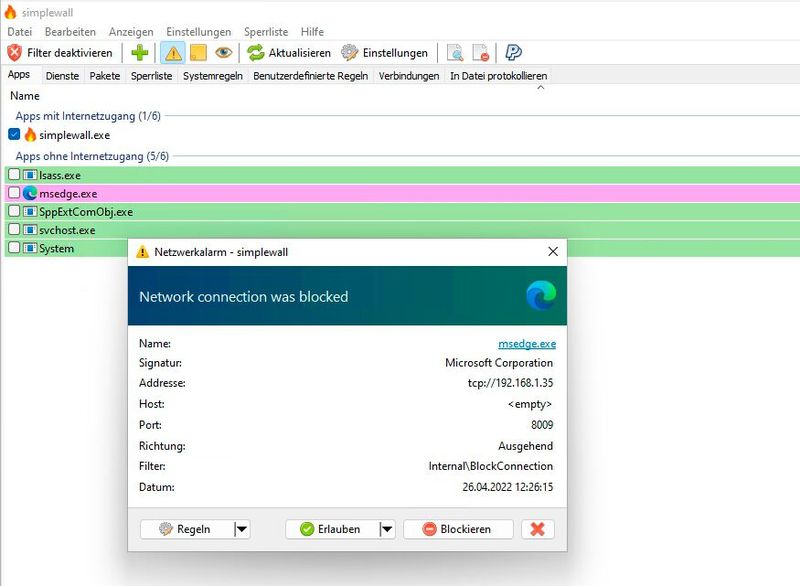Nach der Aktivierung der Filterung blendet Simplewall bei allen Verbindungen ein Fenster ein, um die Verbindung zuzulassen oder zu blockieren. (Bild: Joos)
