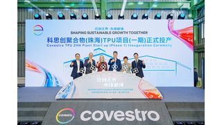 Bei der feierlichen Eröffnung der neuen Anlage (von links nach rechts): Edwin Wu, (Leiter TPU Sales and Market Development Südkorea, Südostasien und China), Stephan Ehlers (Leiter Operations TPU), Andrea Maier-Richter (Globale Leiterin von TPU), Monique Buch (Chief Commercial Officer), Holly Lei (Präsidentin von Covestro China) and Kevin Ho (Leiter TPU Sales and Market Development für die Region APAC). (Bild: Covestro)