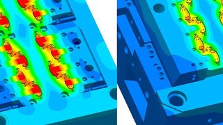 Sigmasoft Virtual Molding von Sigma Engineering ermöglicht frühe Werkzeugoptimierungen, wie es heißt. Hier der Vergleich: ursprüngliches Werkzeugdesign mit Temperaturverteilung (links) und Temperaturen des optimierten Designs (rechts). (Sigma)