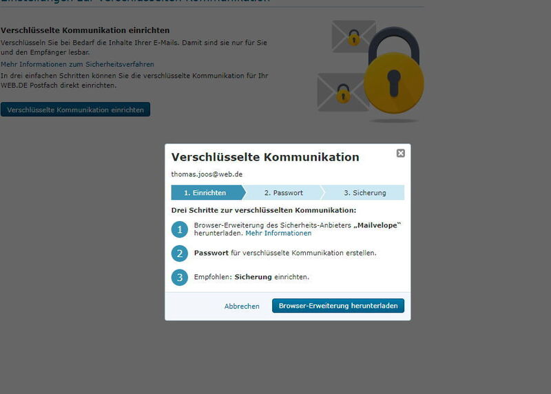 Die Verschlüsselung bei Web.de wird über einen Assistenten eingerichtet und mit einer Browsererweiterung durchgeführt. (Th. Joos)
