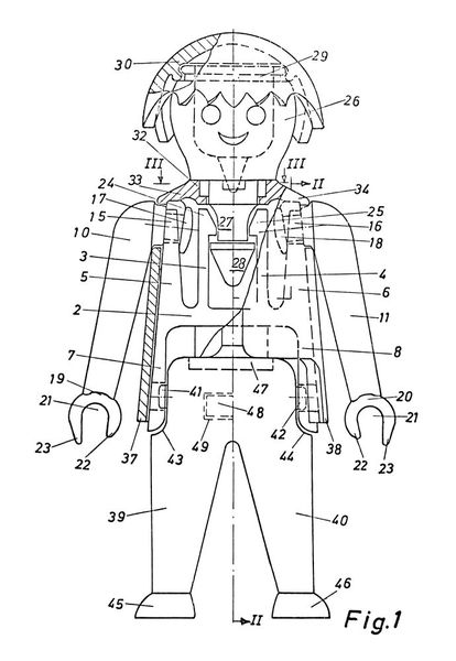 Der Chefentwickler der Firma Geobra Brandstätter Hans Beck meldete 1972 „Spielzeugfiguren“ zum Patent an, die aus einem umkleideten Tragstück bestanden, das den am Kopf angebrachten Steckzapfen wie auch die Arme und Beine arretiert: Die Playmobil-Figuren waren geboren. Schon bei dieser Urform können die Hände einen hineingedrückten Gegenstand halten, und verschiedene Kopfbedeckungen oder Perücken können ausgetauscht werden. (Bild: Deutsches Patent- und Markenamt)