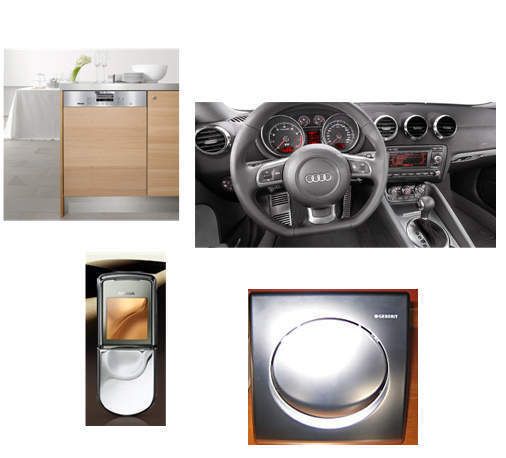 Bild 3: Dekoration von Kunststoffteilen mit Aluminium- und Edelstahlfolien (Bilder: Miele, Audi, Nokia, Geberit) (Archiv: Vogel Business Media)
