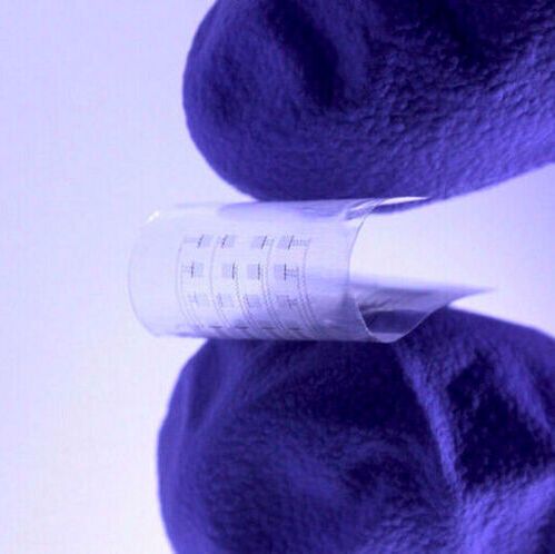 About the size of a postage stamp, the soft, flexible device uses an array of sensors and actuators to perform more complicated investigations than traditional devices. About the size of a postage stamp, the soft, flexible device uses an array of sensors and actuators to perform more complicated investigations than traditional devices.