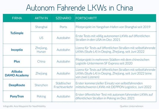 Hier ist die aktuelle Auswahl der schon in China autonom fahrenden Trucks.(Bild:  Asia Waypoint/Henrik Bork)