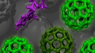 Die Abbildung zeigt einen dotierten organischen Halbleiter auf der Basis von Fulleren-C60-Molekülen (grün). Das Benzimidazolin-Dotiermittel (violett) spendet ein Elektron an die C60-Moleküle in seiner Umgebung (dunkelgrün). Diese Elektronen können sich dann durch das Halbleitermaterial hindurch fortpflanzen (hellgrün). (S. Hutsch/F. Ortmann, TU Dresden)