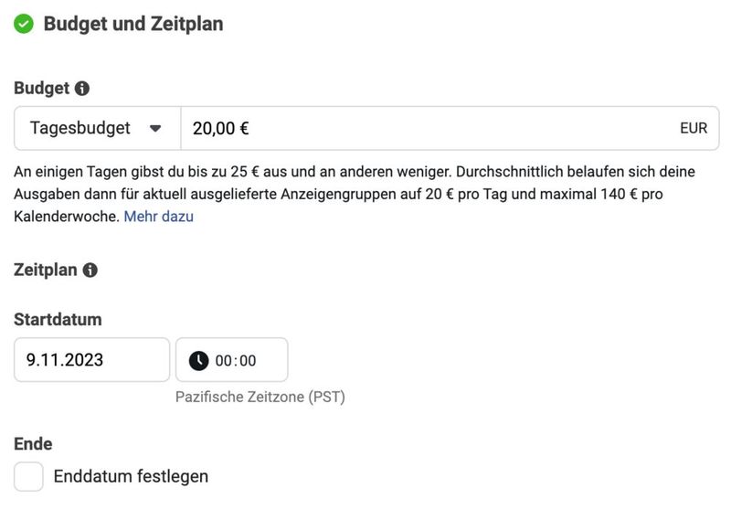 Im nächsten Schritt vervollständigen Sie Ihre Angaben zu Budget und Zeitplan. (Bild: Meta Werbeanzeigenmanager)