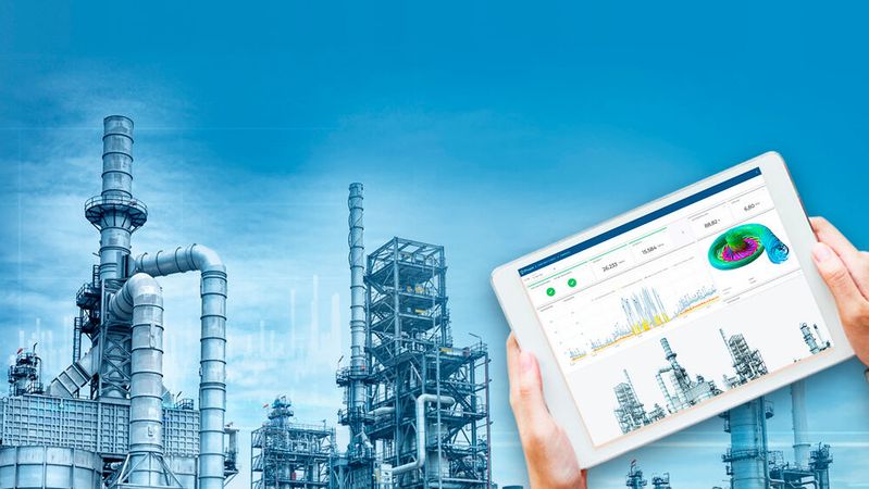 Komponenten und Prozesse in Maschinen und Anlagen können heute über exakte datenbasierte Abbilder minutiös überwacht werden. Eine Vorhersage von Schäden und Verschleiß wird so möglich.(Bild:  Cadfem)