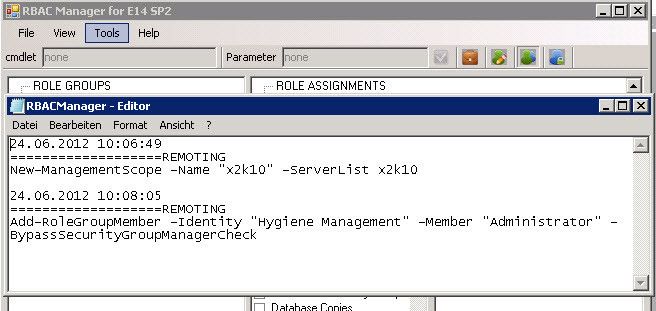 Änderungen die Administratoren vornehmen, speichert RBAC-Manager in einer Protokolldatei. Dieses lässt sich über den Bereich „Tools“ öffnen. In der Datei ist das PowerShell-CMDlet zu sehen, mit dem RBAC-Manager die entsprechende Konfigurationsaufgabe durchgeführt hat. (Archiv: Vogel Business Media)