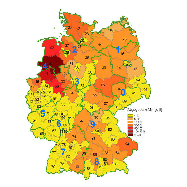 Abgegebene Menge antimikrobiell wirksamer Grundsubstanzen nach Postleitbereich [in Tonnen] in Deutschland 2011 (Bild: BVL)