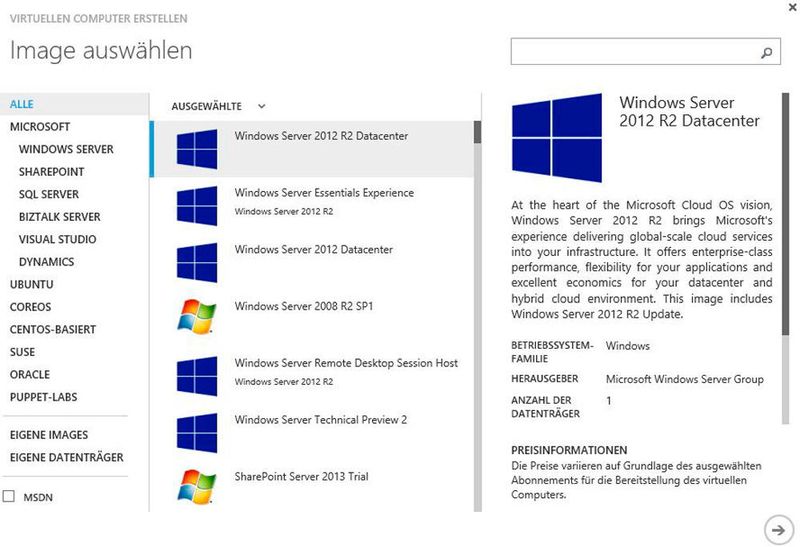 Microsoft stellt zahlreiche Images zum Erstellen eines Webservers als Vorlage zur Verfügung. (Bild: Microsoft)