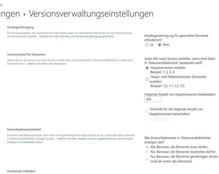 Anpassen der Versionseinstellungen in SharePoint Online. (Joos/Microsoft (Screenshot))