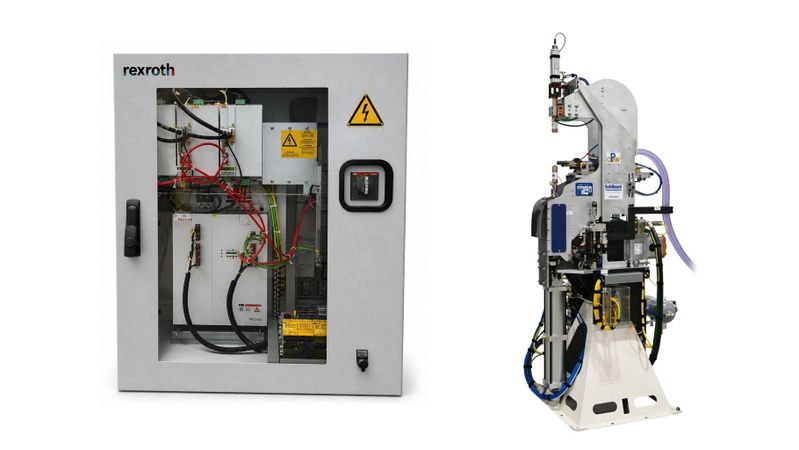 Mit der Schweißsteuerung PRC7000 von Bosch Rexroth (links) und der SoftMount-Schweißzange von CenterLine minimieren Anwender die Taktzeiten ihrer Buckelschweißprozesse, reduzieren den Energieverbrauch und vereinfachen die Inbetriebnahme. (Bild:  Bosch Rexroth; CenterLine)