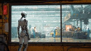 Ein KI-Agent vor der Werkshalle: Der Sprung vom Prototyp zur produktiven KI scheitert oft an realen Betriebsanforderungen – von Integration über Robustheit bis Wartbarkeit. (Bild: Midjourney / KI-generiert)