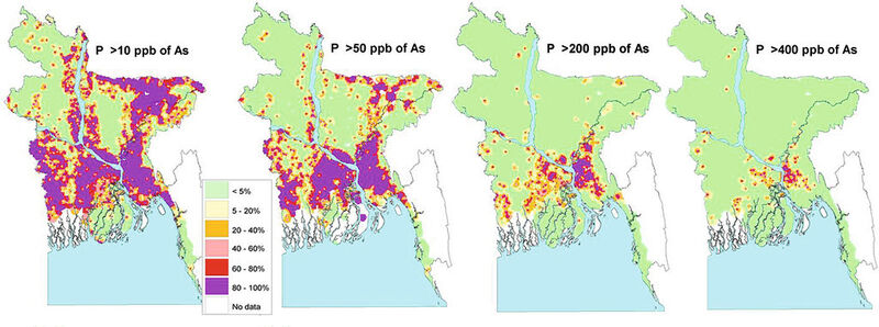 Abb. 2: Die vier Karten von Bangladesch zeigen die Wahrscheinlichkeit (P), dass die Arsenkonzentration im Grundwasser einen bestimmten Wert überschreitet (10 ppb, 50 ppb, 200 ppb bzw. 400 ppb; 1 ppb entspricht 1 µg/L). Große Teile der Bevölkerung haben demzufolge mit Konzentrationen zu kämpfen, die den WHO-Richtwert von 10 µg/L überschreiten, zum Teil um ein Vielfaches (Bild: http://www.geog.cam.ac.uk/research/projects/arsenic/maps.html (2. Dezember 2013))