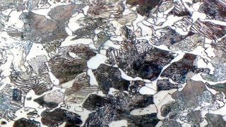 Blick auf das Schliffbild eines Stahlgussgefüges. Forscher des Fraunhofer-Instituts LBF untersuchen nun unter der Leitung der RWTH Aachen, wie der digitale Zwilling dazu genutzt werden kann, ultraleichte Produkte aus Gusseisen mit Kugelgraphit (GJS) zu entwickeln. (Bild: RWTH Aachen)