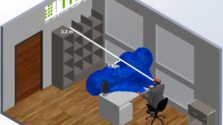 Mit Baumwollmaske dagegen breitet sich die Wolke nur 1,5 Meter weit aus. Auch die Ausbreitungsgeschwindigkeit wird reduziert, was dazu führt, dass die Partikel schnell absinken. Die Forscher werten die Baumwollmaske deshalb als wirksamen Schutz im Büro, solange man die üblichen Abstandsregeln einhält. 
 (Bild: THM)