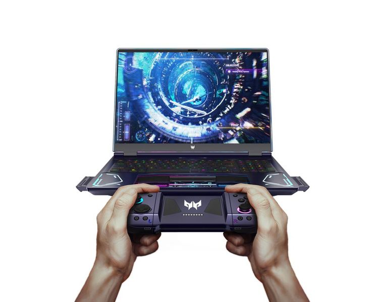 Bei der Gaming-Notebook-Studie Predator Project DualPlay ist in der Handballenablage ein herausnehmbarer Game-Controller eingelassen. Im montierten Zustand ist dessen Unterseite das Touchpad des Notebooks.  (Bild: Acer)