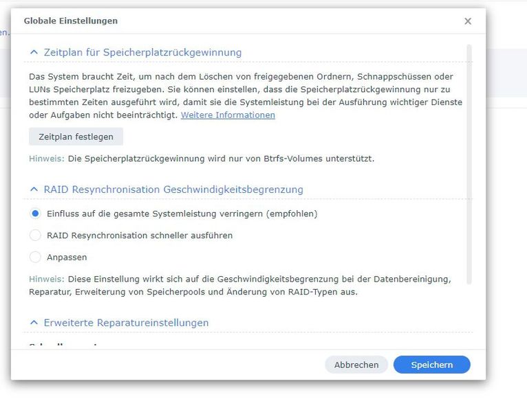 Erweiterte Einstellungen für das Reparieren eines RAID-Systems. (Bild: Joos - Synology)