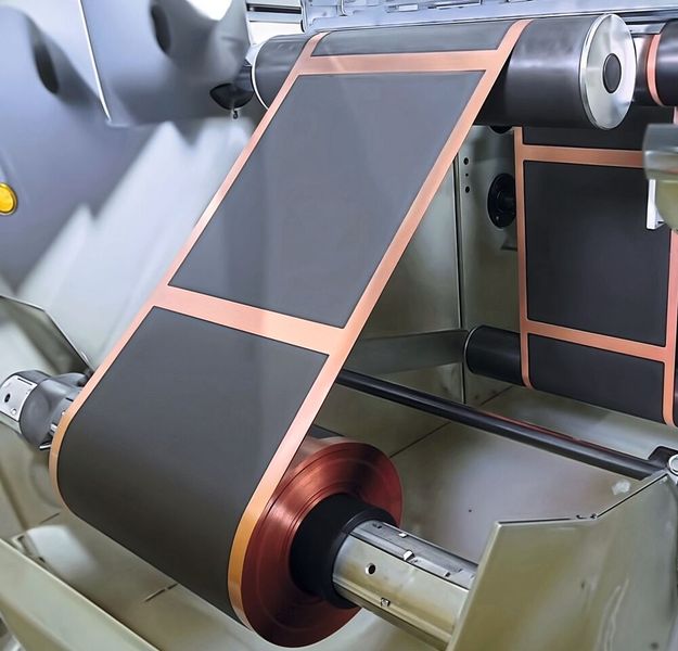 Feuille de cuivre revêtue sur les deux faces d'une masse anodique contenant du graphite, en mode patch. (Source : Compar)