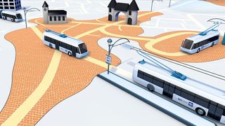 Beim IMC-Konzept von Kiepe Electric können große Stadtgebiete oberleitungsfrei bleiben. Die Obusse fahren mit der Energie aus der Batterie, die in Gebieten mit Oberleitung (hellblau) aufgeladen wird. Nach diesem Konzept wird das neue IMC-System in Verona realisiert. (Knorr-Bremse)