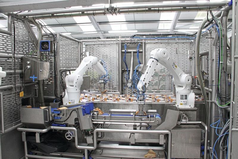 Zwei KR-Agilus-Hygieneroboter in der Ausführung „Hygienic Machine“ schneiden und verpacken Sandwiches bei einem britischen Hersteller. (Bild: Kuka)