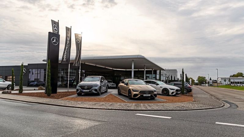 In Bensheim hat Auto Ebert den Mercedes-Standort von Grund auf erneuert. Neben der Kernmarke werden viele weitere Tätigkeitsfelder entwickelt.(Bild:  Auto Ebert)