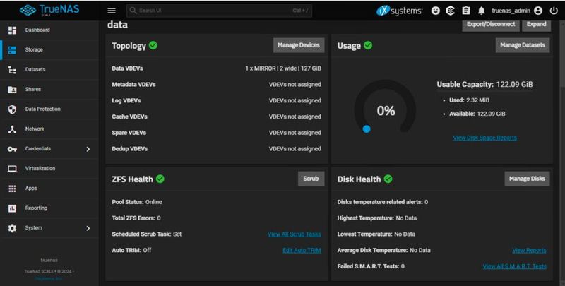 TrueNAS Scale bündelt im Dashboard die zentralen ZFS-Konzepte aus vdev-Topologie, Pool-Auslastung und Scrub-Status in einer Übersicht für Administratoren. (Bild: Joos)