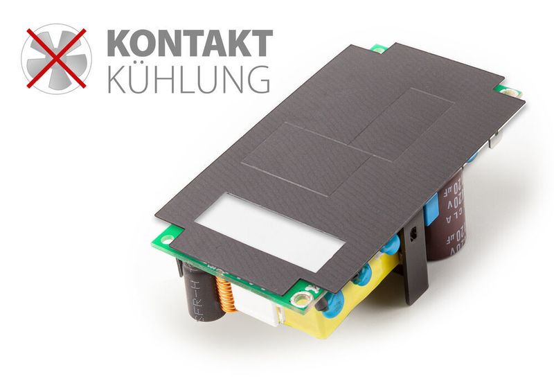 Das Wärmeleitpad (Gap-Filler-Pad) und eine Mylarfolie mit Ausschnitt für die Kontaktfläche gewährleisten eine passive Kühlung und die Bauteile werden vor Überhitzung geschützt. Aufgrund des sehr guten Wärmemanagements reduziert sich die Erwärmung des Schaltnetzteils auf ein Minimum und macht so lüfterlose und wartungsfreie Systeme ohne aktive Kühlung möglich. (Bicker)