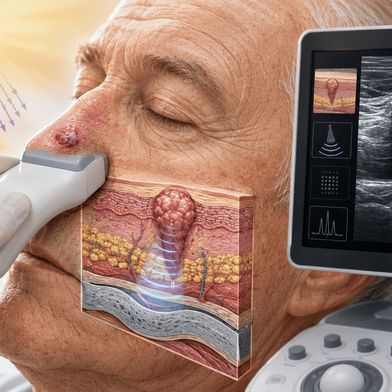 Hochfrequenzultraschall kann vor einer Operation sichtbar machen, wie tief ein Hauttumor in das Gewebe hineinreicht und ob Knorpel oder andere Strukturen betroffen sind. Die Sonografie ergänzt damit die klinische Untersuchung und unterstützt die Planung des Eingriffs. (Bild: Guido Deußing / KI-generiert)